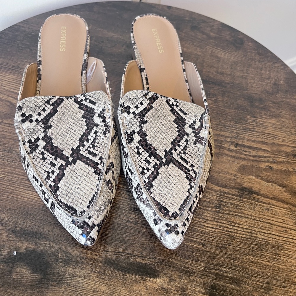 Express Black and Cream Faux Snakeskin Mules
